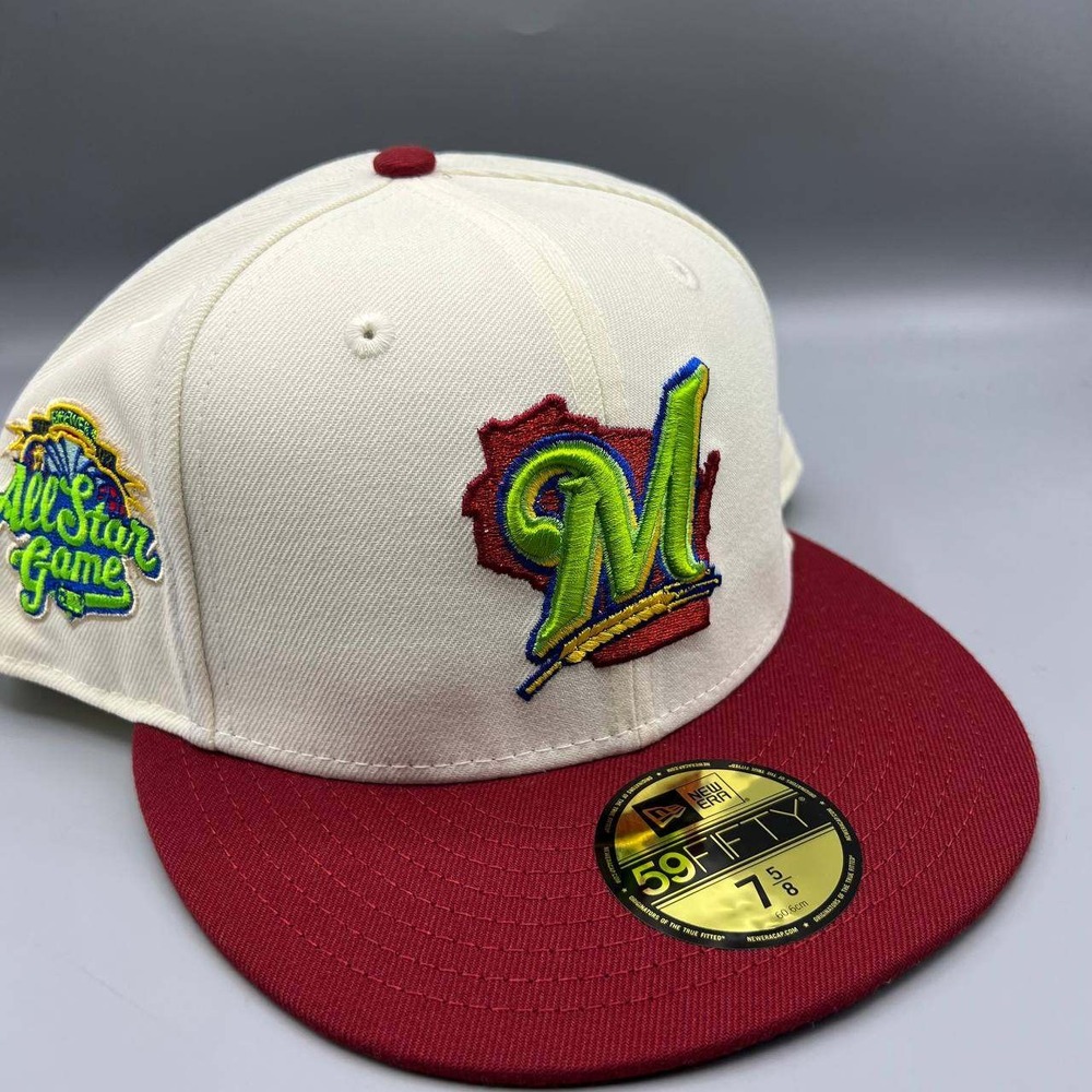 Milwaukee Brewers Hat Men 7 5/8‎ White Red 59Fifty New Era Fitted Cap
